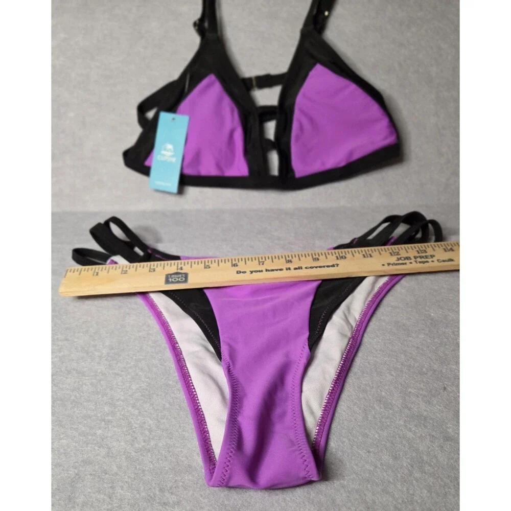 CUPSHE Purple & Black Strappy Bikini Set Women's Size S Cutout Bralette 2 Pc NWT